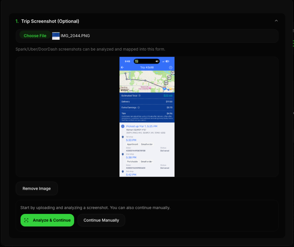 AI screenshot analysis with a real Walmart Spark delivery screenshot being analyzed
