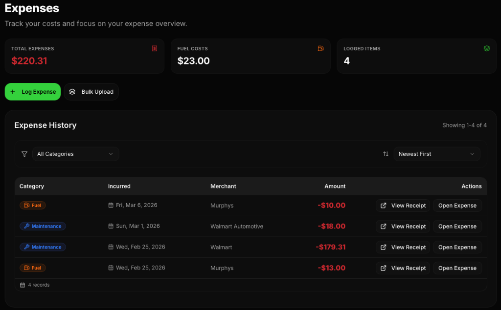 Expense tracking with category badges, merchants, and receipt attachments