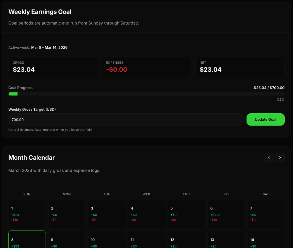 Weekly earnings goal with progress bar and month calendar showing daily income and expenses