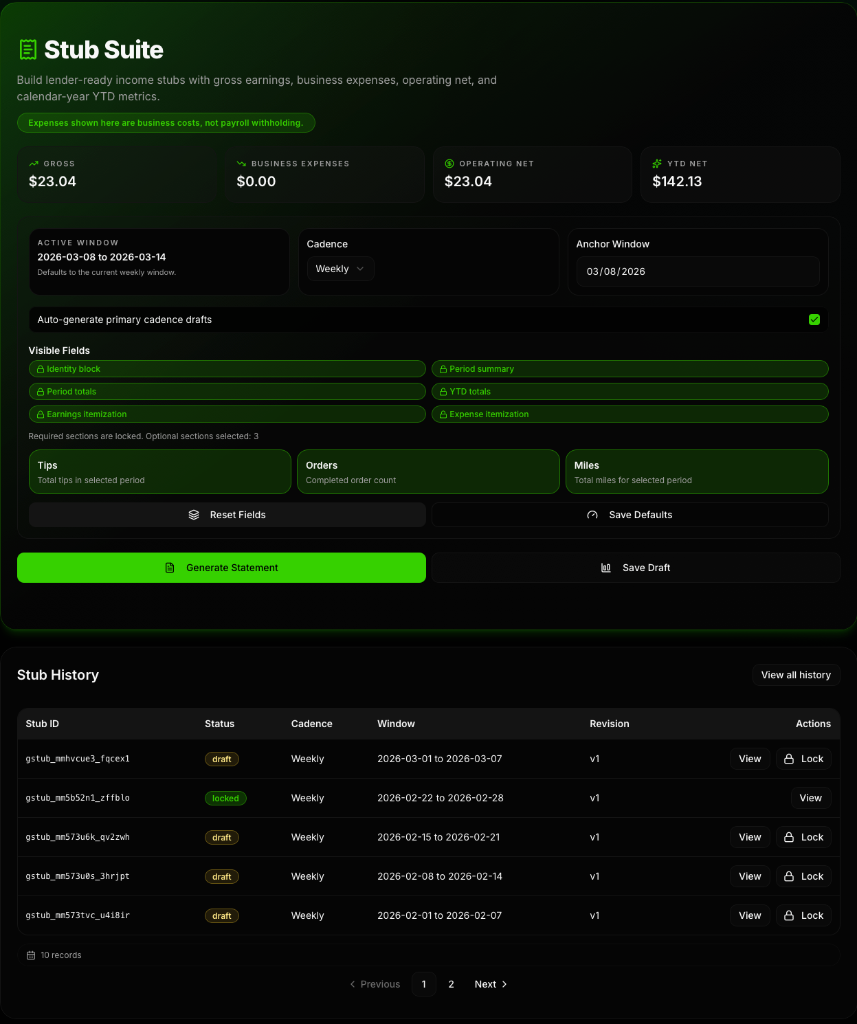 Stub Suite with earnings summary, visible field configuration, and stub history